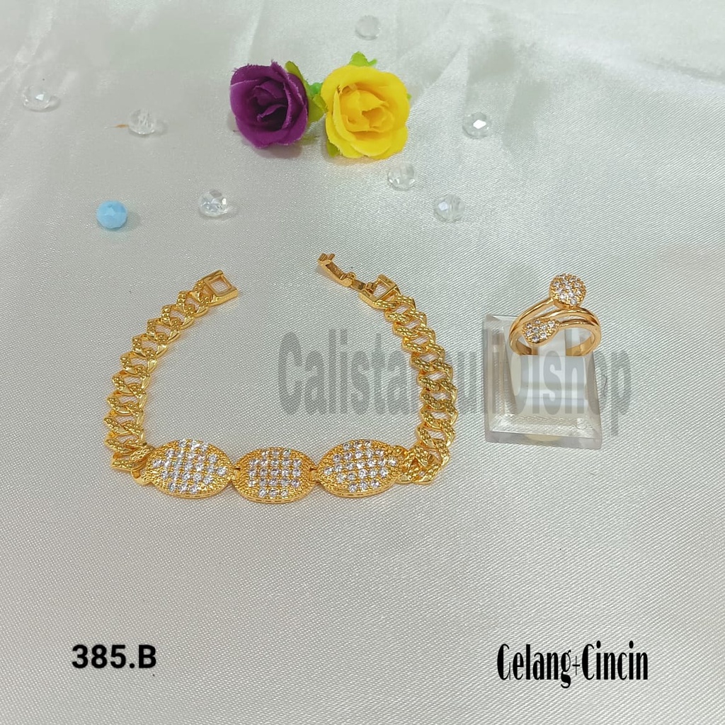 GELANG+CINCIN SISIK PLAT OVAL TRIO PERHIASAN EMAS  KOREA ANTI KARAT DAN ANTI LUNTUR