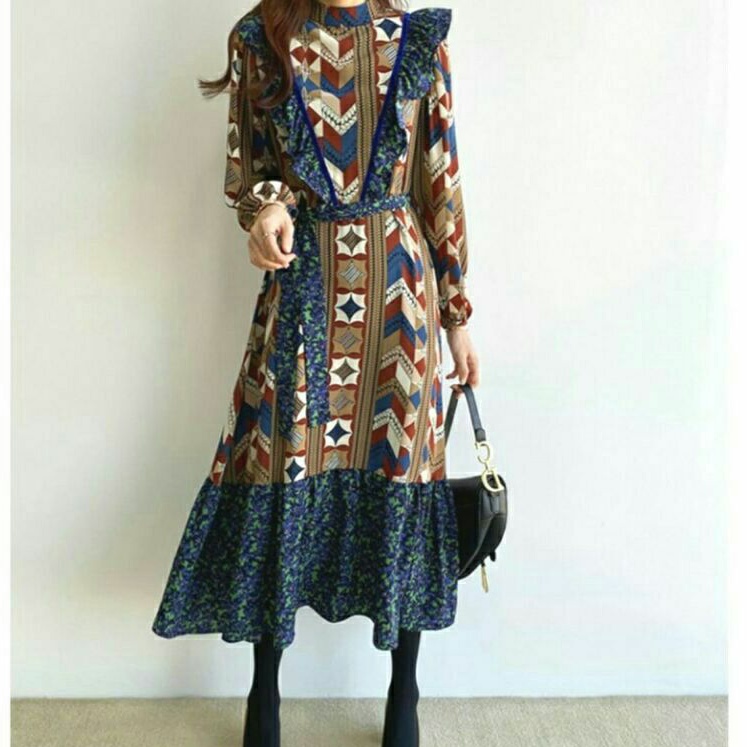 41500 Baju maxi dress motif etnik korean style wanita import baju maxi dress gaun pesta kondangan motif kekinian cewek korea import biru orange murah terbaru