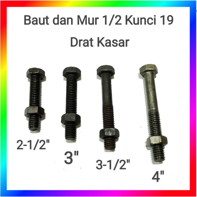 Baut dan mur 1/2&quot; inci hitam kepala kunci 19 drat kasar