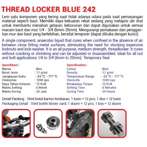 Dextone Blue Thread Locker 242 Biru Temporer Lem Baut &amp; Mur Mencegah Getaran Anti Karat