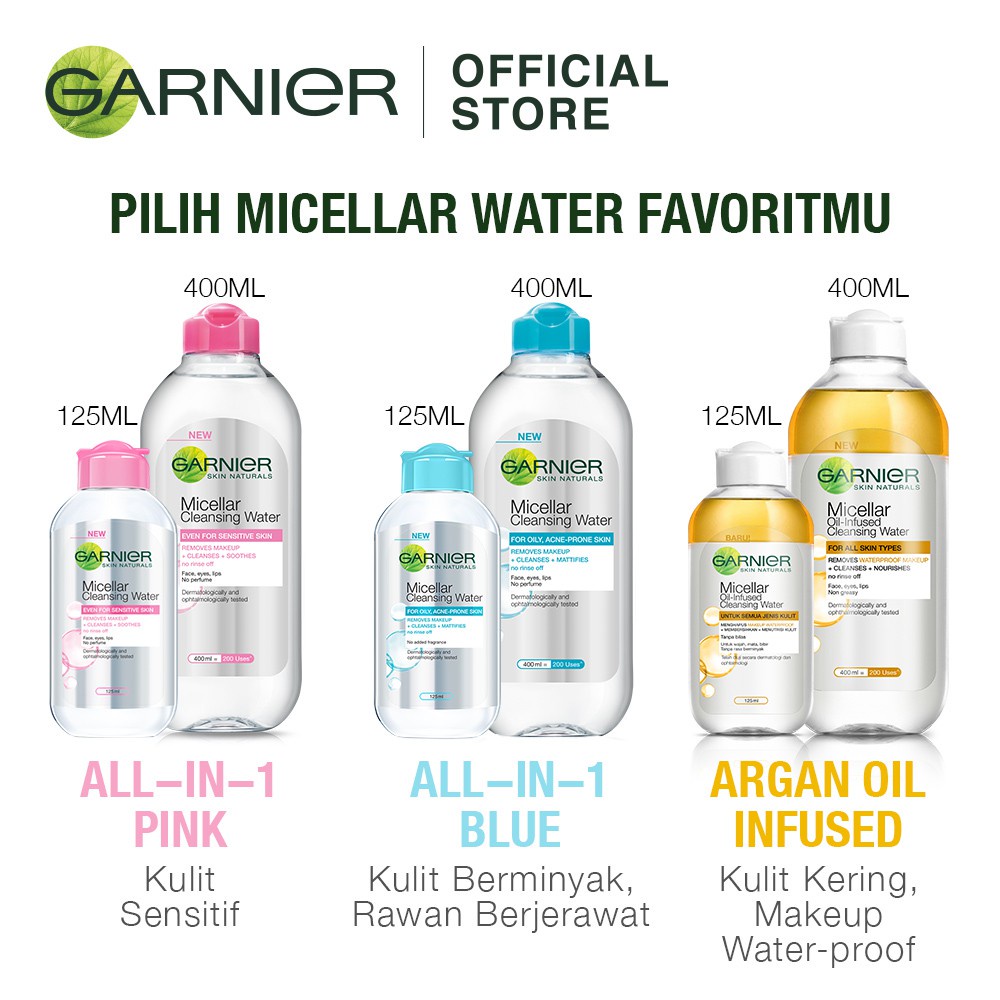 Garnier Micellar Water 125 ml Skincare Pembersih Wajah &amp; Makeup Kulit Berminyak All skin type Oily - BPOM - garnier pink- garnier biru - garnier kuning vit c - BPOM