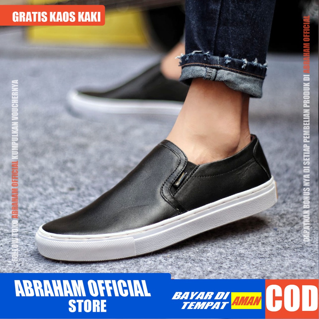 ABRHM x MORI Sepatu Slip On Pria Sepatu Pria Casual Sepatu Cowok/Cowo Kulit Asli Ori Sepatu Kasual Slop Anti Slip Semi Formal Kerja Kuliah Gaya Santai Keren Kekinian Original Murah Terlaris