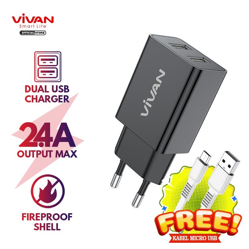 Vivan DD02 12W Dual Port Charger 2.4A with Micro USB Kabel Data Cable