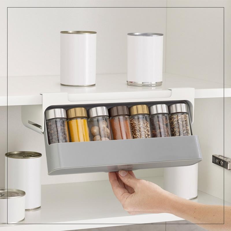 Rak Model Laci Gantung Penyimpanan Bumbu Dapur Merica Gula Garam Bubuk Bahan Plastik ABS Tebal Merekat Kuat Premium Hemat Tempat Storage Under Shelf Spice Organizer