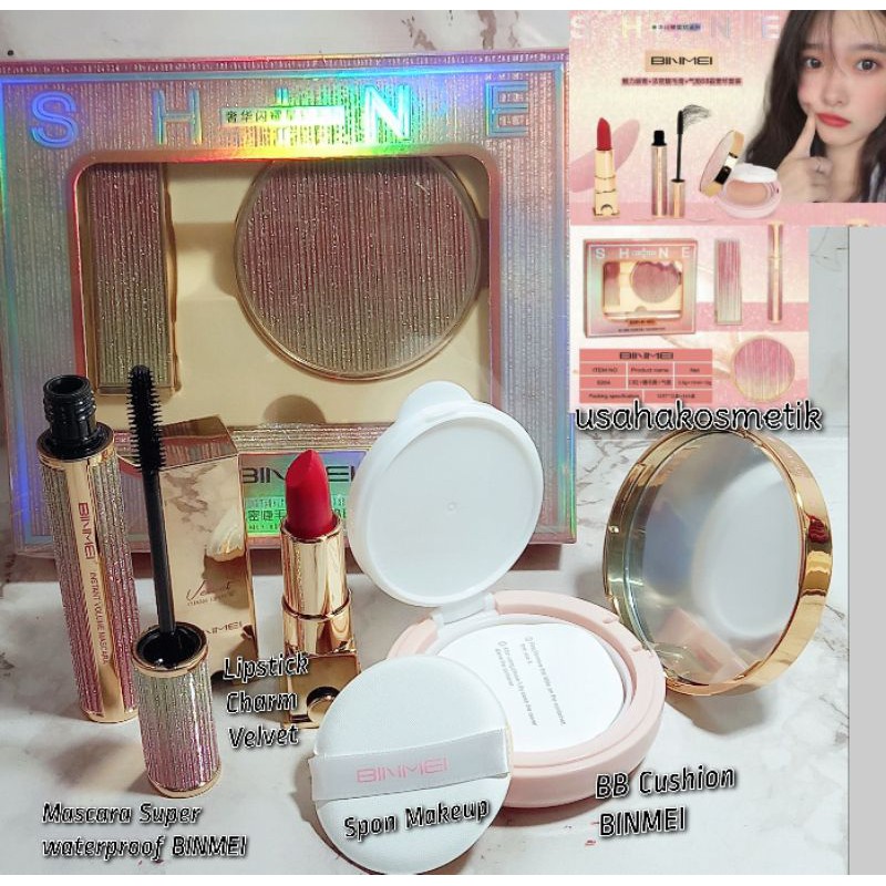 PROMO PAKET MAKE UP BINMEI 3IN1 SET SHINE/make up cushion+lipstik+mascara NO.8264 | 8277