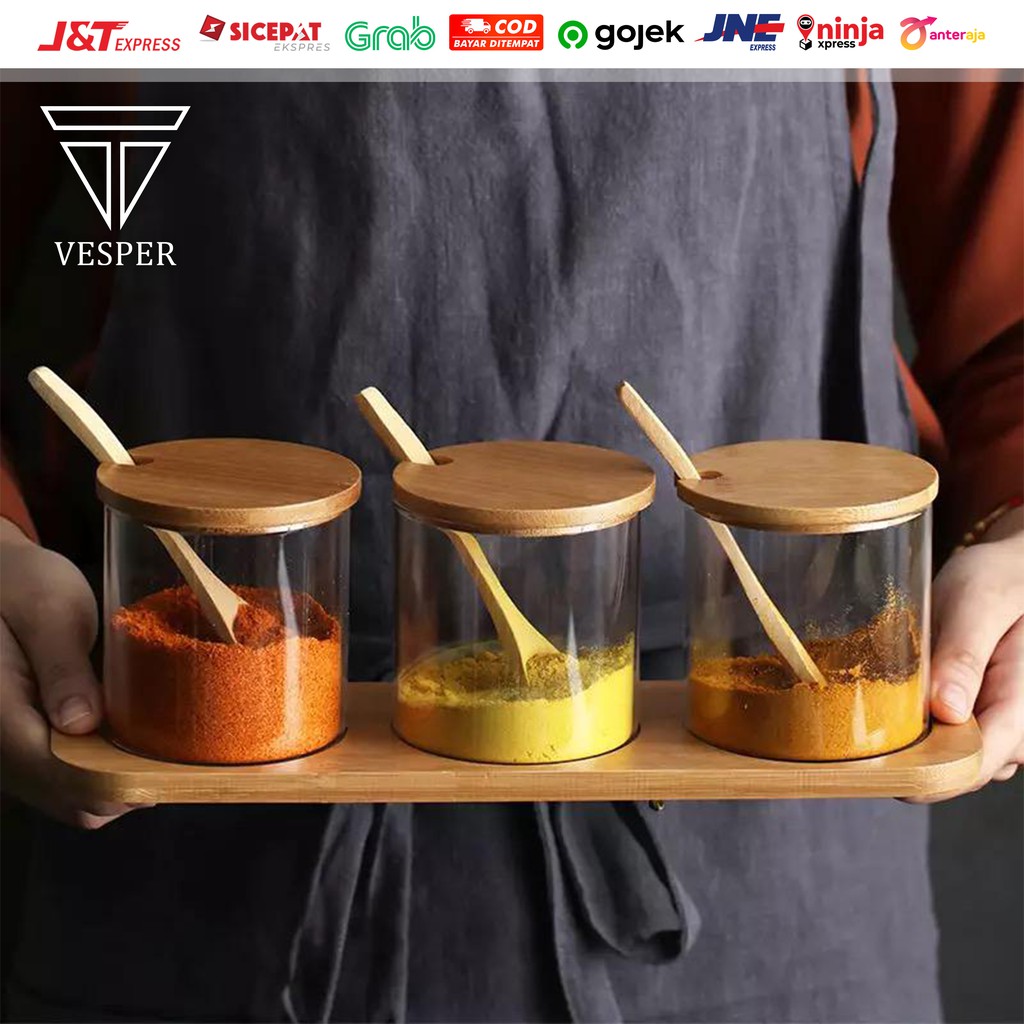 toples kaca tempat bumbu dapur  3pcs set tutup  bambu 