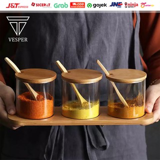 toples kaca tempat  bumbu  dapur  3pcs set tutup bambu  