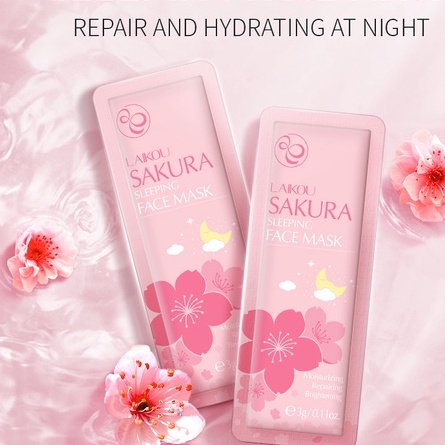 LAIKOU Sakura Sleeping Mask Sachet Green Tea Centella Menghilangkan Jerawat Krim Malam Memudarkan Noda Hitam