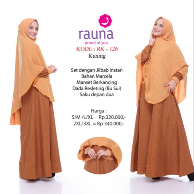 PROMO GAMIS RAUNA RK 126 KUNING SET SYARI PREMIUM WANITA DEWASA JUMBO BUSUI FRIENDLY SIZE S XXL XXXL