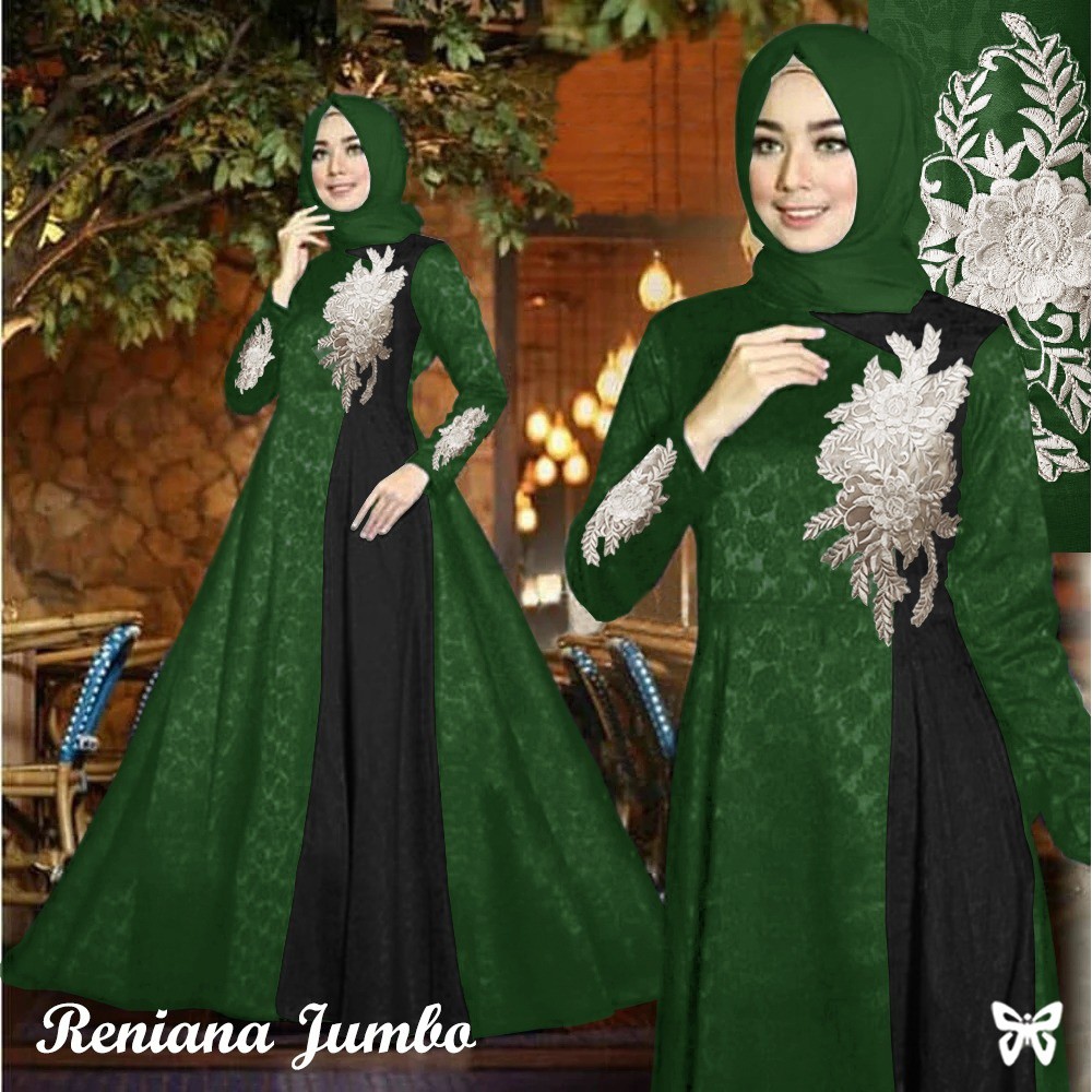 Maxi Gamis Pesta RENIANA L - 5XL Baloteli Emboss Motif Bordir Bunga Mewah Terbaru-Green Black