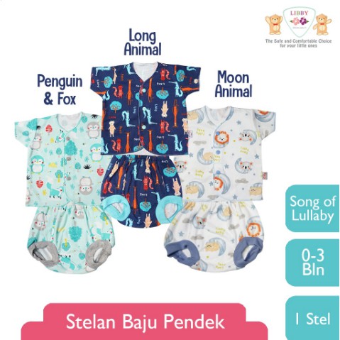Baju Bayi Libby Setelan Lengan Pendek Celana Pop Kancing Depan Newborn  0-3 &amp; 3-6 Bulan