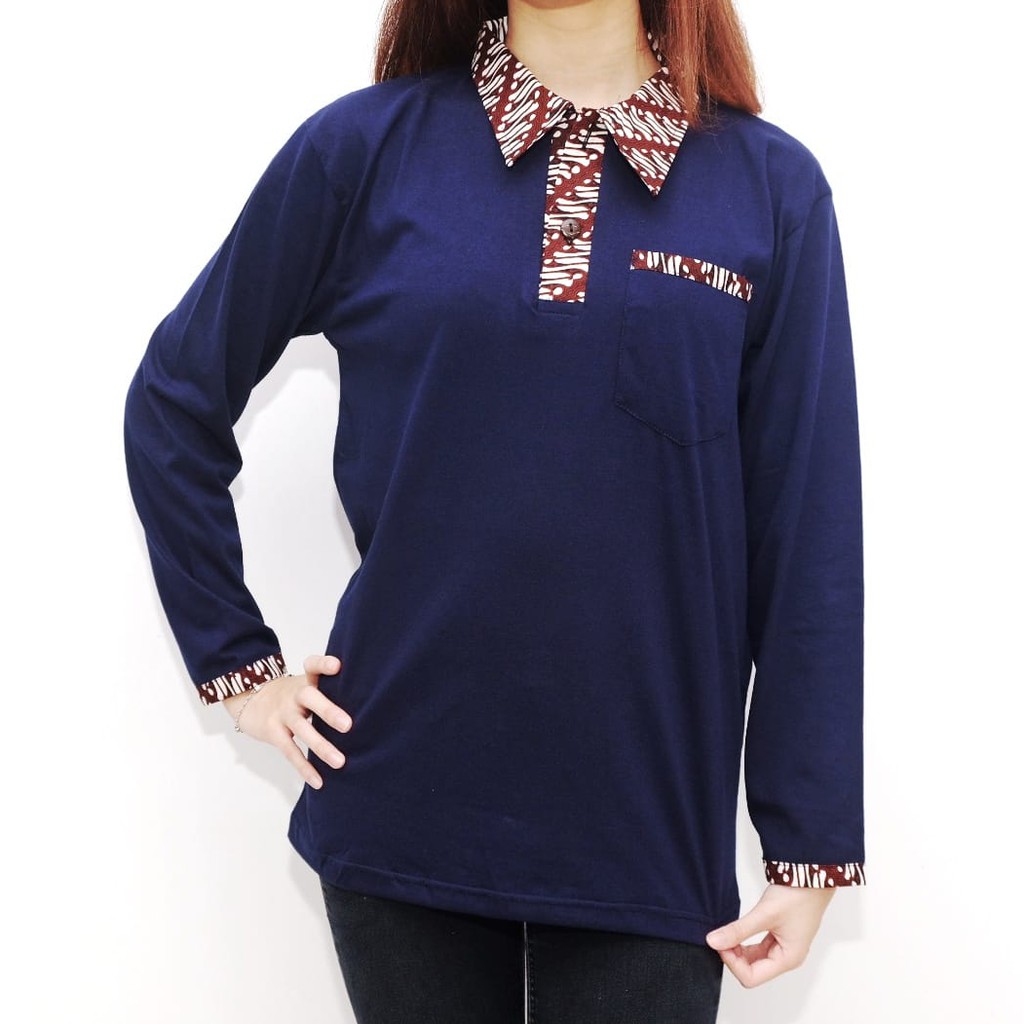 Kaos Krah Polo Batik Wanita Lengan Panjang Warna Biru Donker / Navy Premium Jabrik Jogja