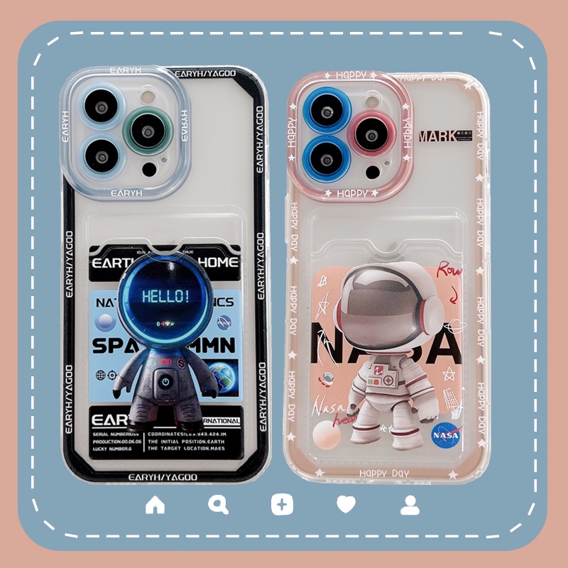 Soft Case Pelindung Lensa Transparan Desain Astronot Kartu Untuk iPhone 12 13 Pro MAX 11 X XR XS MAX 7 8 Plus