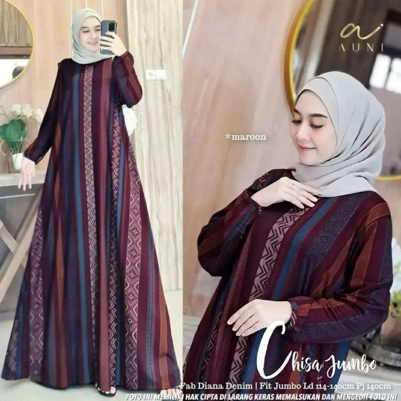 Chisa Jumbo Maxy, GAMIS WANITA MUSLIM CANTIK FIT XL-XXXXL LD 114-140 BAHAN DIANA DENIM PREMIUM OOTD TERMURAH