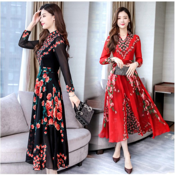 long sleeve floral formal dress