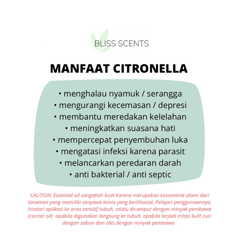 BLISS SCENTS Citronella / Sereh Wangi Essential Oil Aromatherapy 100% Murni Therapeutic Grade Aromaterapi