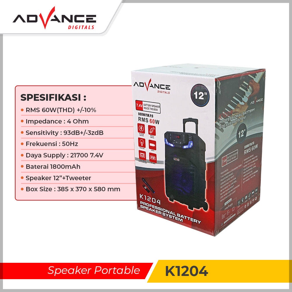 【READY STOCK】 Advance K1204 Speaker Meeting Karaoke Bluetooth 12 Inch Free 1 Mic Wireless with LED light TWS function