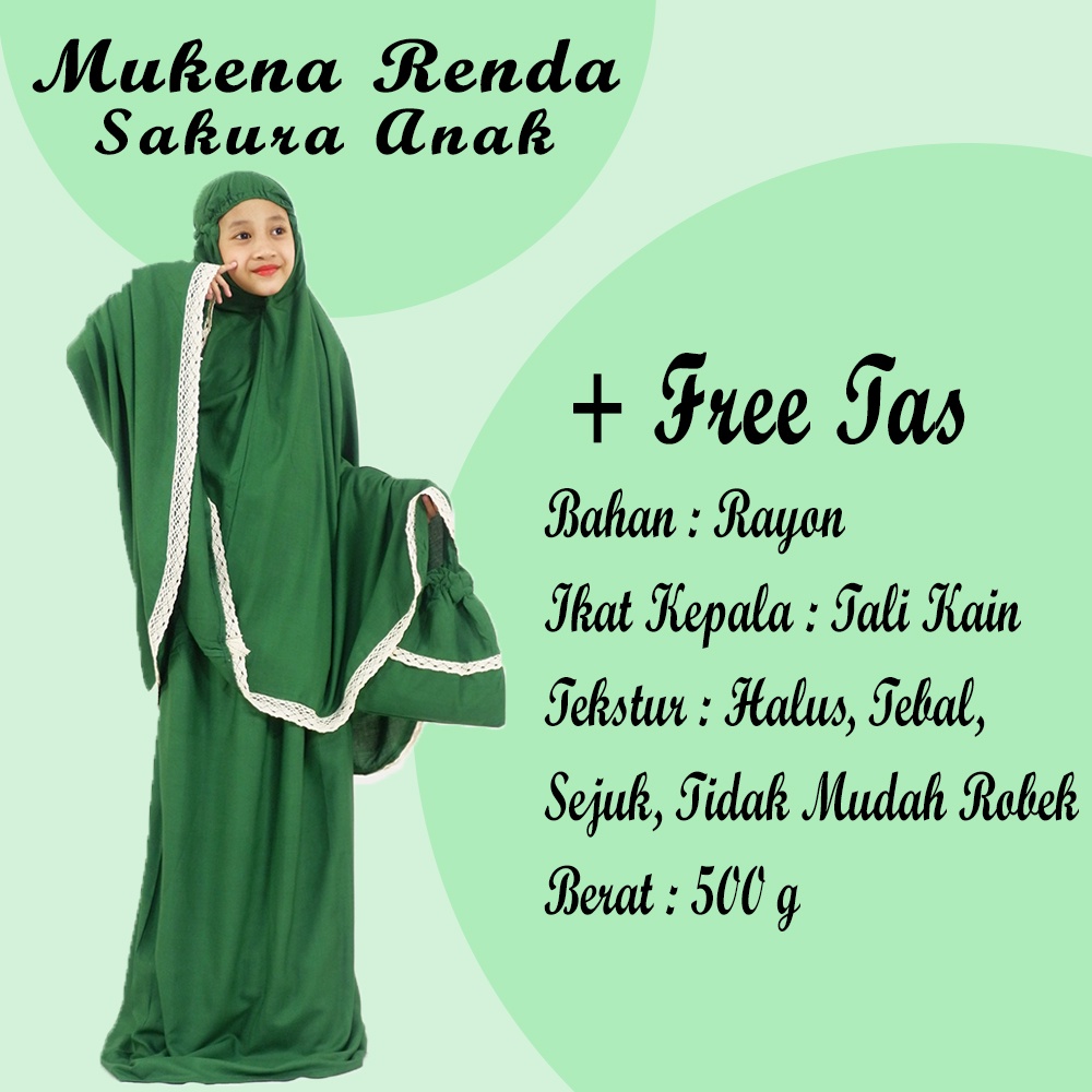 Mukena Renda Sakura Anak - Mukenah Atas Bawah Polos Traveling Jumbo Rayon Premium Bali Murah