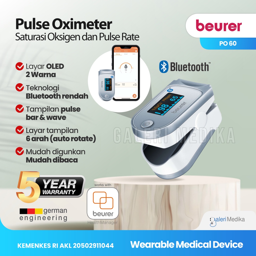 Pulse Oximeter Beurer PO 60 / PO-60 / PO60 Alat Ukur Kadar Oksigen (dengan Koneksi Bluetooth)