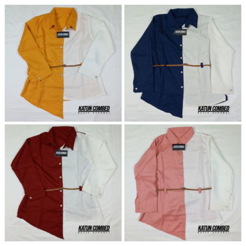 Kemeja Wanita Atasan Blouse Casual Polos Kombinasi Lengan Panjang Korean Style Model Ikat Pinggang