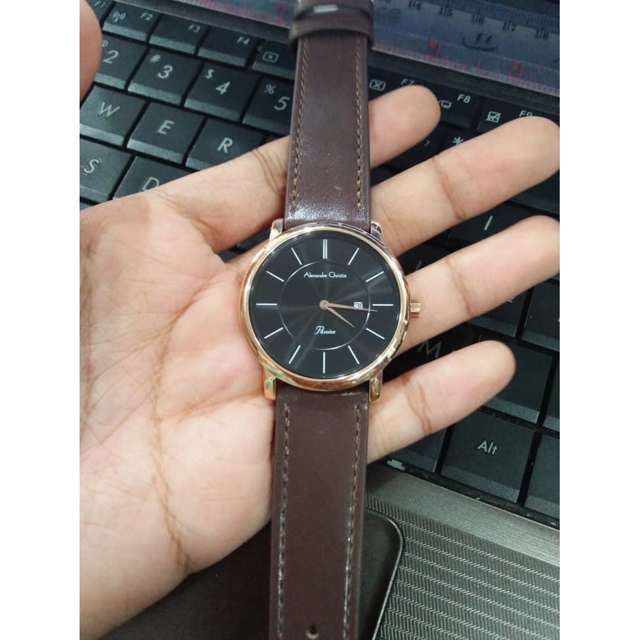 JUAL JAM TANGAN WANITA ASLI   ALEXANDRE CHRISTIE AC 8589 WANITA ROSEGOLD BLACK LEATHER BROWN ORI   I