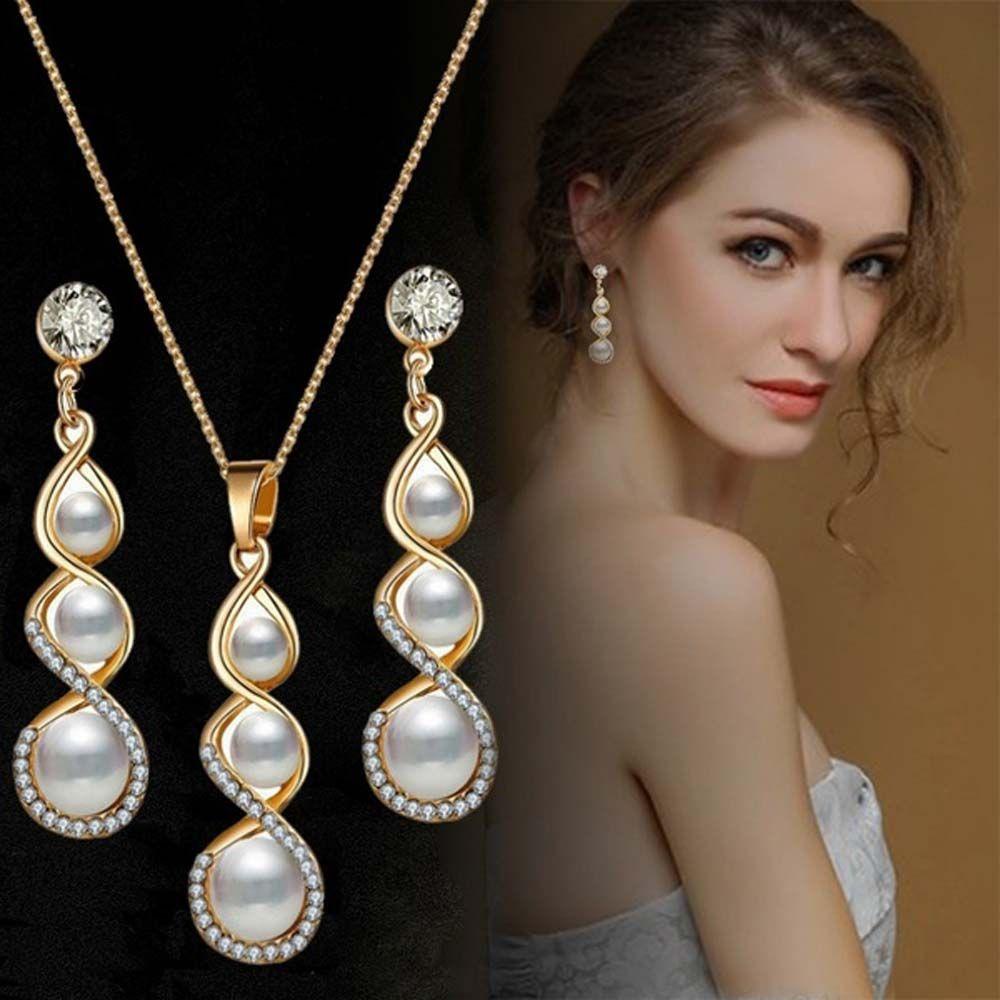 Rebuy Set Perhiasan Pesona Aksesoris Romantis Hadiah Untuk Wanita Simulasi Mutiara Cubic Zirconia Bridesmaid Pengantin Liontin