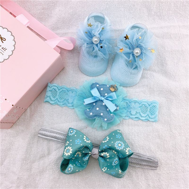 Kado Bayi Baru Lahir Hampers Newborn Bandana Kaos Kaki Bayi Lucu / Giftset Bandana Kaos Kaki Newborn-Blue 2