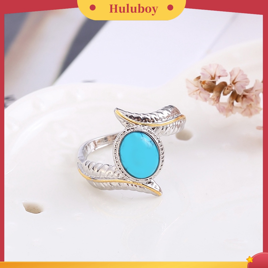 Hu Hu Hu Hu Hu Alat Bantu Pasang Kacamata♡ Cincin Vintage Bentuk Bulu Bahan Alloy Hias Batu Turquoise Untuk Pasanganpriawanita