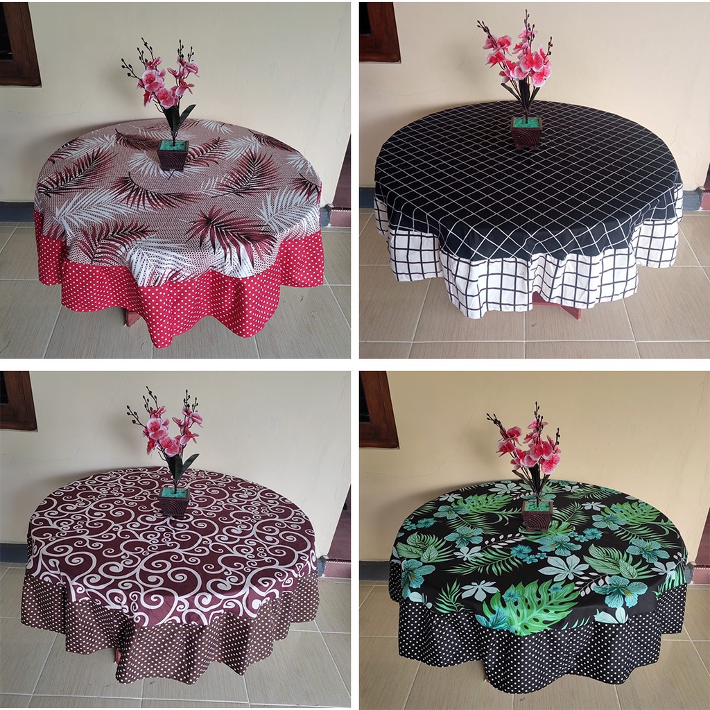 Cover Taplak Meja Bentuk Bulat  Minimalis Kain Katun Model Rumbai Oshin Diameter 150 cm Aneka Motif Abstrak Batik Bunga Dekorasi Perlengkapan Rumah Modern Murah