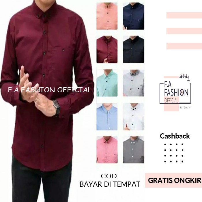 Kemeja Polos Lengan Panjang Pria Putih Merah Maron Hitam Navy Biru Kerah Shanghai Ciangi Slim