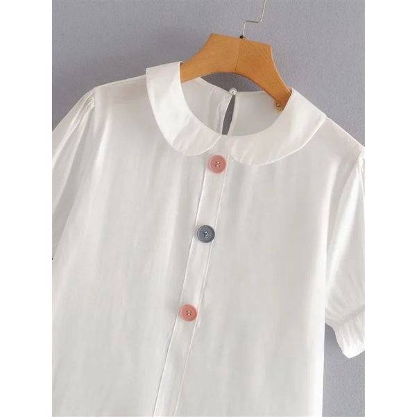 blouse atasan putih glossy white button kancing warna warni Korean style casual import