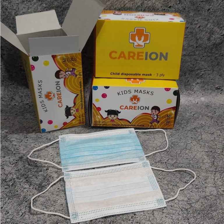 PER BOX 50PC - MASKER ANAK 3PLY CAREION NECARE ALKINDO WARNA POLOS