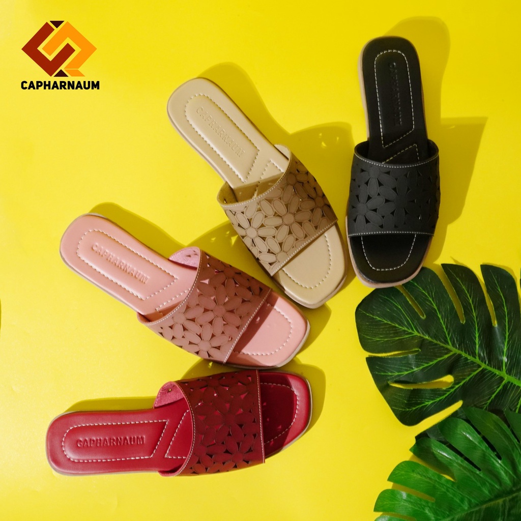 CAPHARNAUM [LSR 401] Sandal Slop Bunga Wanita/ Sandal Flat Selop Bunga Cewek Sol Karet