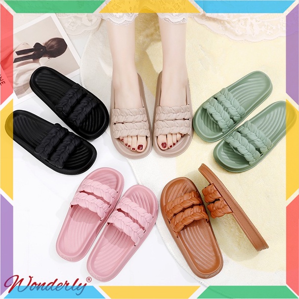 2209-2 Sandal Selop Karet Wanita Wonderly Slop Cewek Kepang Kerut Glanzton Slipper Import Tawana