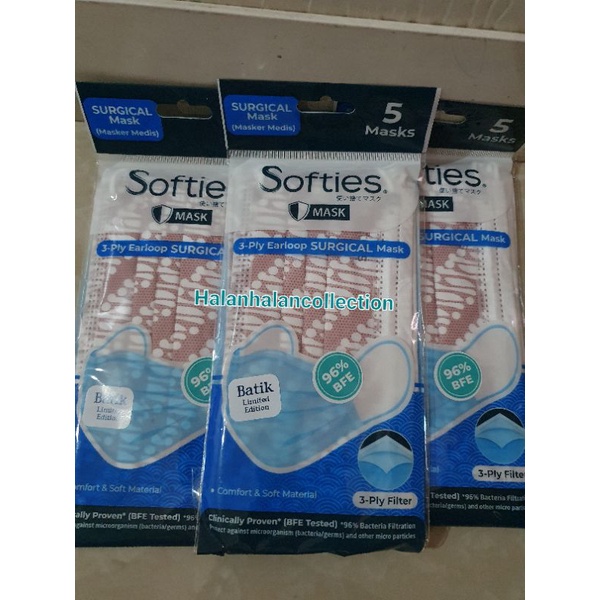 Softies Surgical Mask 3 ply Earloop Masker Dewasa Sachet 5s - Batik Parang