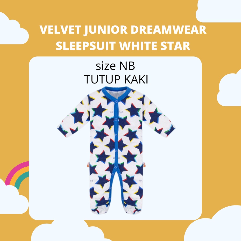 TUTUP Kaki WHITE STAR Sleepsuit VELVET DREAMWEAR NB S M L BOY &amp; GIRL TERTUTUP sleep suit dream wear new born