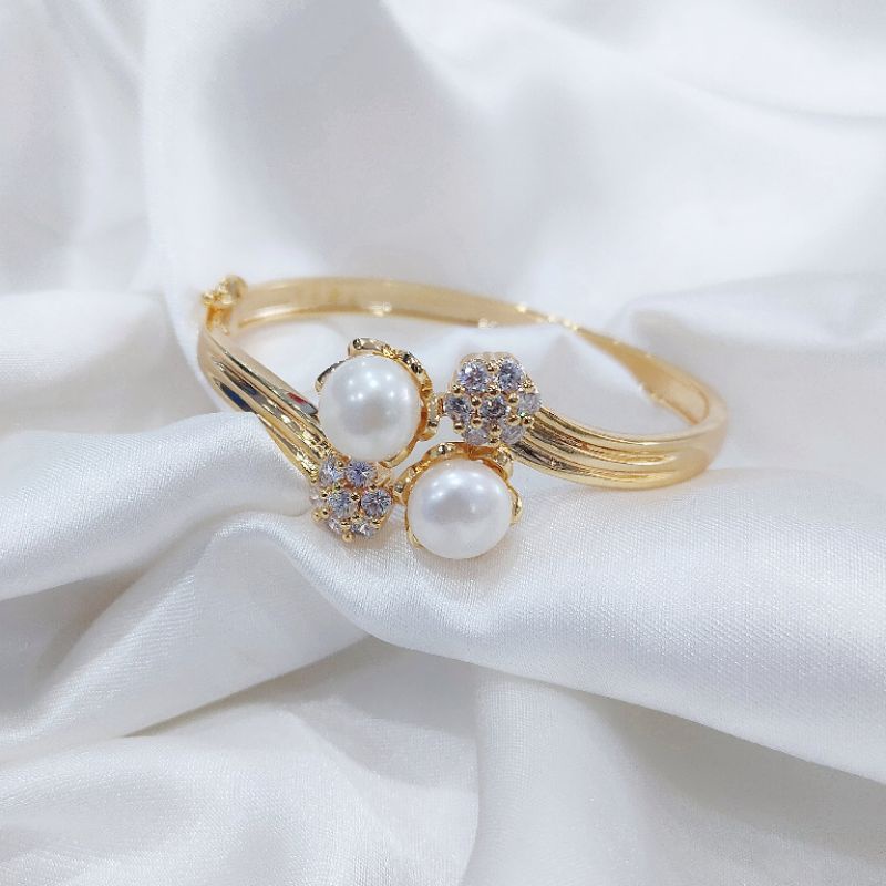 Gelang rhodium lapis emas 18k / gelang kaku mutiara air tawar / gelang mutiara asli / aksesoris bers