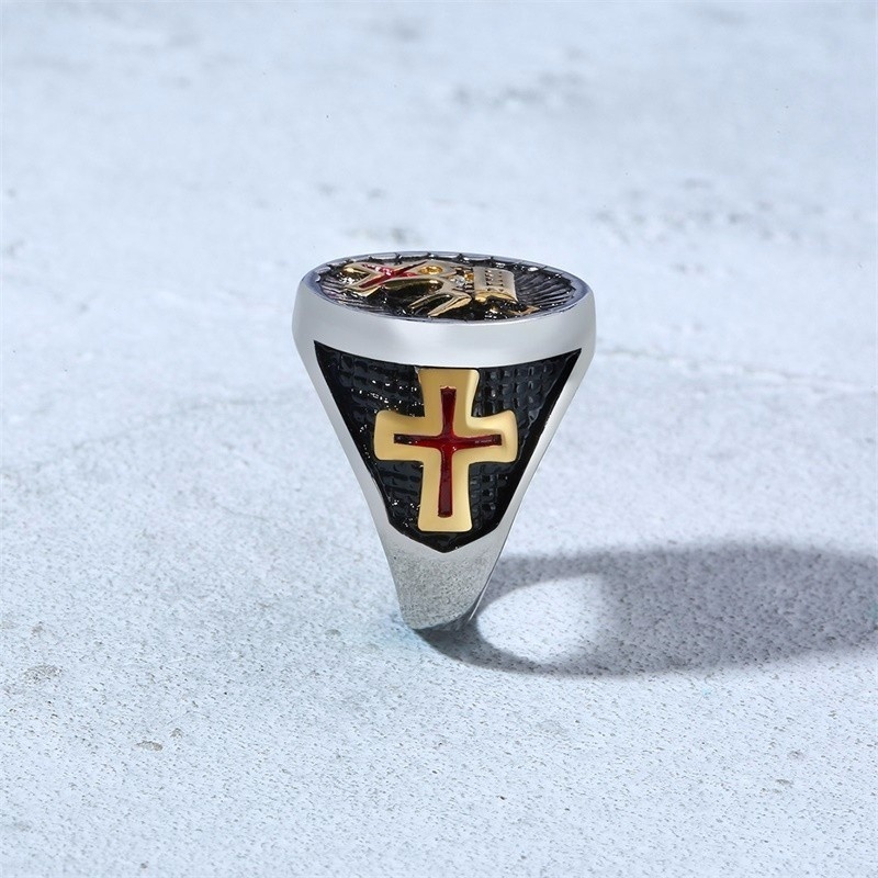 Men's Silver and Black Sword Knights Templar Cross Crown York Rite Signet Ring In Stainless Steel Jewelry Size 7-14