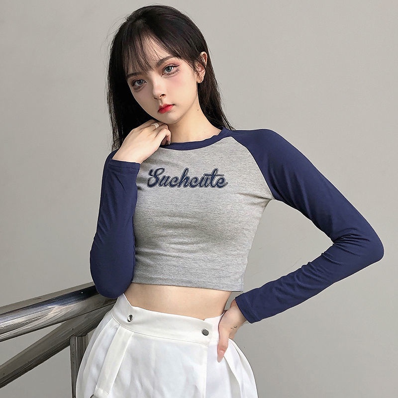 impor Eropa dan Amerika raglan jahitan leher bulat lengan panjang atasan crop top wanita