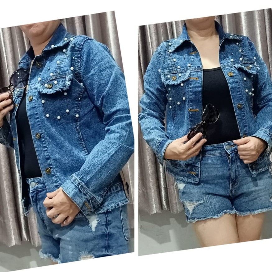 JFFASHION SNOWY PEARL JACKET JEANS RIPPED  POCKET OVERALL
