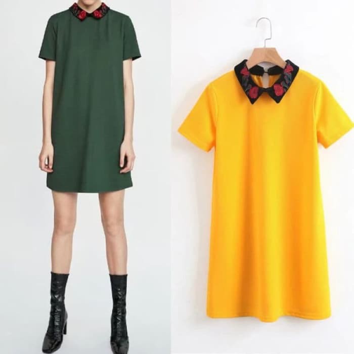 A182641 BAJU CEWEK PERGI JALAN MALL COLLAR DRESS KERAH BORDIR BUNGA FASHION WANITA KOREA IMPORT