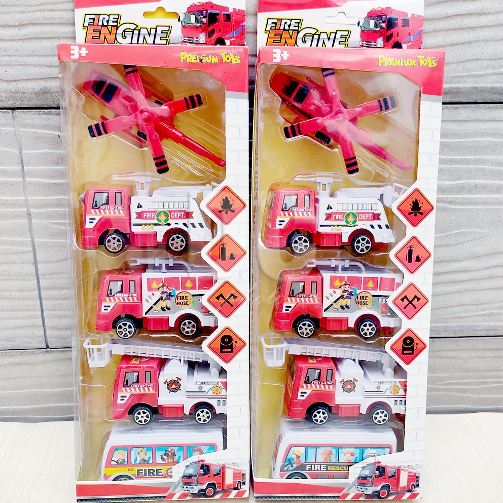 Fire Engine 5in1 Mainan Mobil Pemadam Kebakaran Pull Back Truk PMK Helikopter