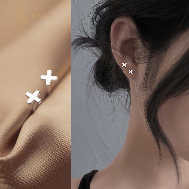 Roselife 1 Pasang Anting Tusuk Sterling Silver 925 Desain Salib Kecil Anti Alergi Untuk Wanita