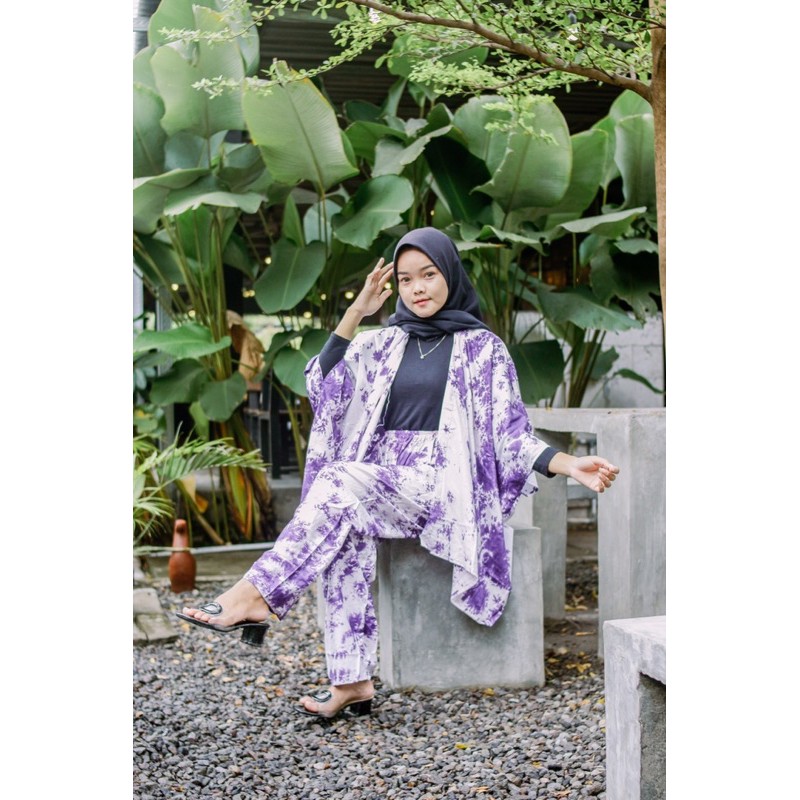 SETELAN WANITA MURAH ! ONE SET CARDIGAN JUMBO RAYON TIEDYE/OVERSIZE PIYAMA KIMONO|BAJU LEBARAN-1