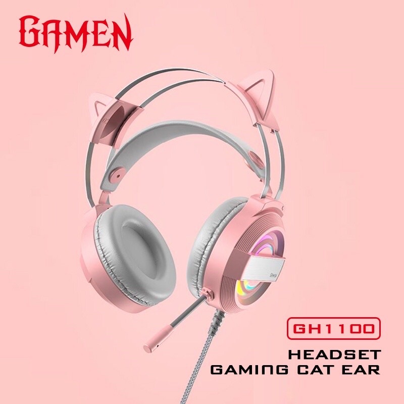 GAMEN GH1100 Pink Headset Earphone Headphone Gaming Cat Ear LED RGB Lighting Original Bass - Garansi 1 Tahun