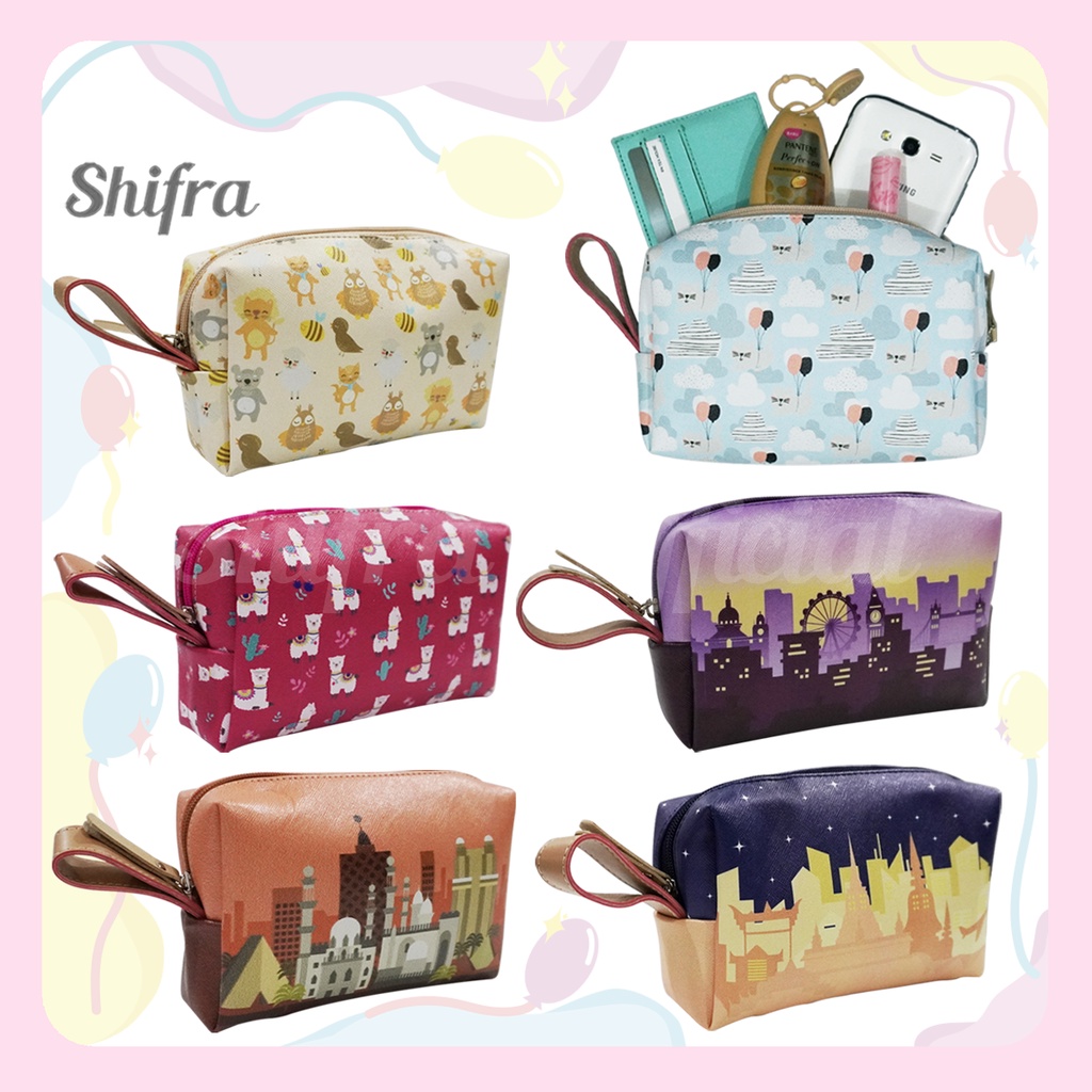 Shifra Pouch Kosmetik Tempat Masker Pouch Sanitizer Make Up Gambar Pattern City Fox Alpaca