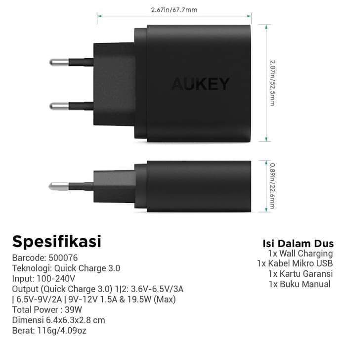 Aukey Charger 2 Port 36W QC 3.0 + Micro USB Cable - SKU : 500076