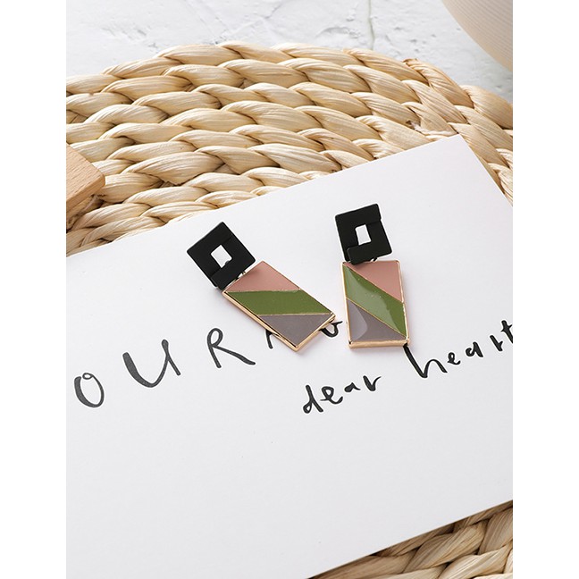 LRC Anting Tusuk Fashion Green 925 Silver Stitch Color Drop Glaze Rectangular Earrings D24591