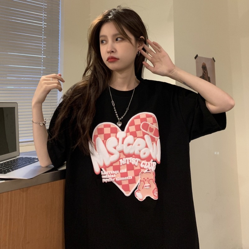 [littlecrab] Kaos Oversize Msicrow Love Artist Club T-shirt Unik Berkualitas Bear Beruang Love Square Rearrange and Combine Popular Elements Korean Style