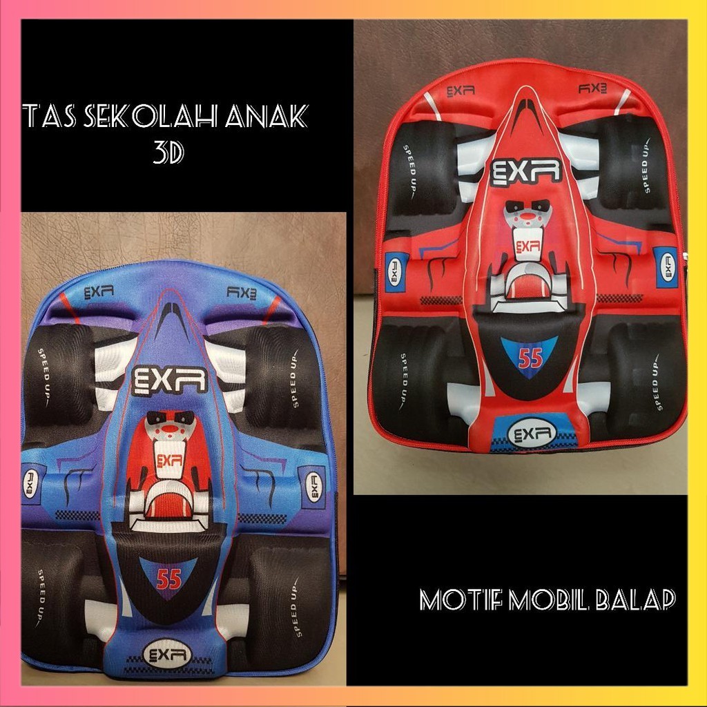 TAS SEKOLAH | TAS RANSEL ANAK SD TIMBUL 3D MOTIF MOBIL BALAP